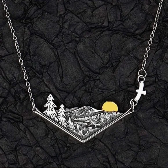 New 3D Mountain Range Eagle Artisan Southwestern Sterling Silver Forest Necklace - Picture 3 of 17